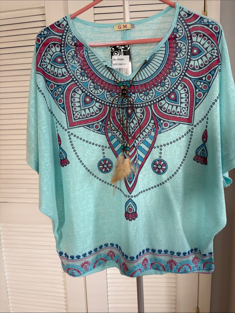 GM Women's Turquoise Boho Lace-Up Tunic Top